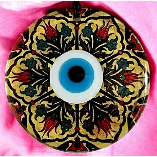 Lale Desenli Altın Varaklı Nazar Boncuklu Füzyon Cam Duvar Dekoru - 2