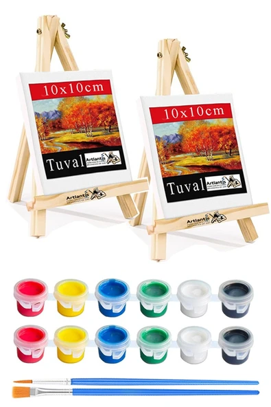 Mini Şövale 10x10 cm Tuval 3 ml Akrilik Boya 6 Renk ve Fırça 2 Adet 10x10 Mini Tuval Masaüstü Küçük Şövale Boyama Seti