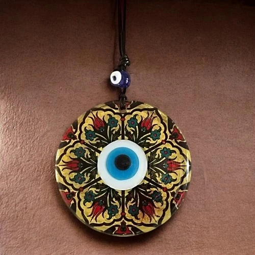 Lale Desenli Altın Varaklı Nazar Boncuklu Füzyon Cam Duvar Dekoru - 3