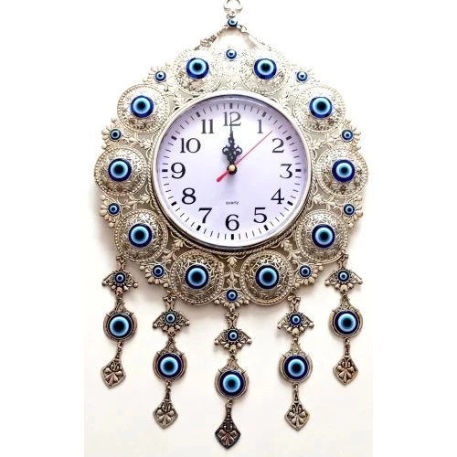 Nazar Boncuklu Gümüş Kaplama Solmaz Kararmaz Duvar Saati