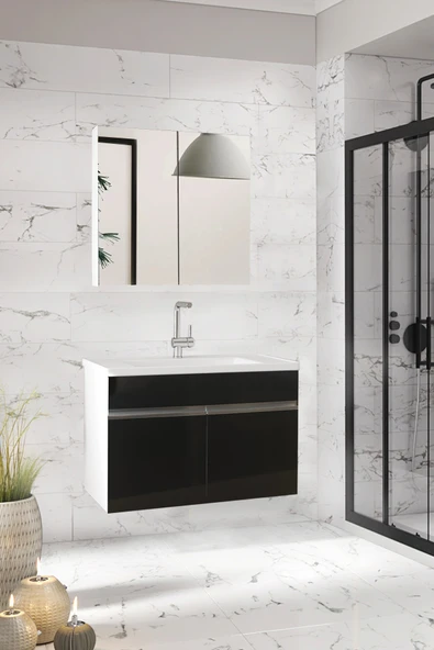 Alfa Banyo Visen OA Beyaz-Siyah Seramik Lavabolu Banyo Dolabı Takımı