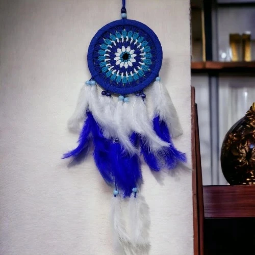 Nazar Boncuğu Desenli Bol Kuş Tüylü Lacivert Dream Catcher El Yapımı Duvar Dekoru - 4