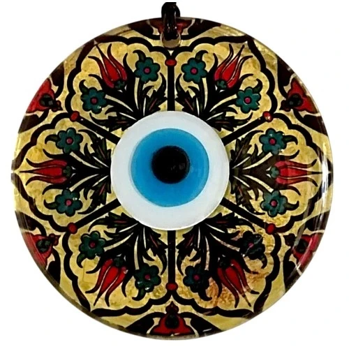 Lale Desenli Altın Varaklı Nazar Boncuklu Füzyon Cam Duvar Dekoru