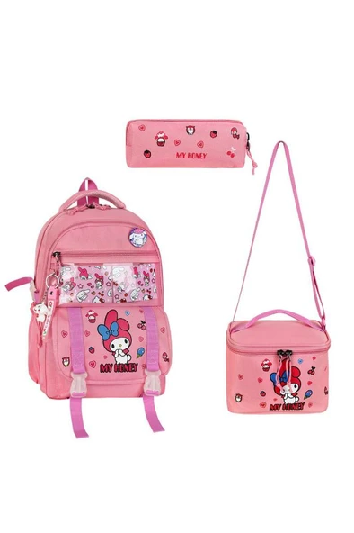 İlkokul Çantası 3'lü Set Pembe Renk 42*30 Cm Beslenme Çantası Kalem Kutusu Ortopedik Su İtici Kumaş