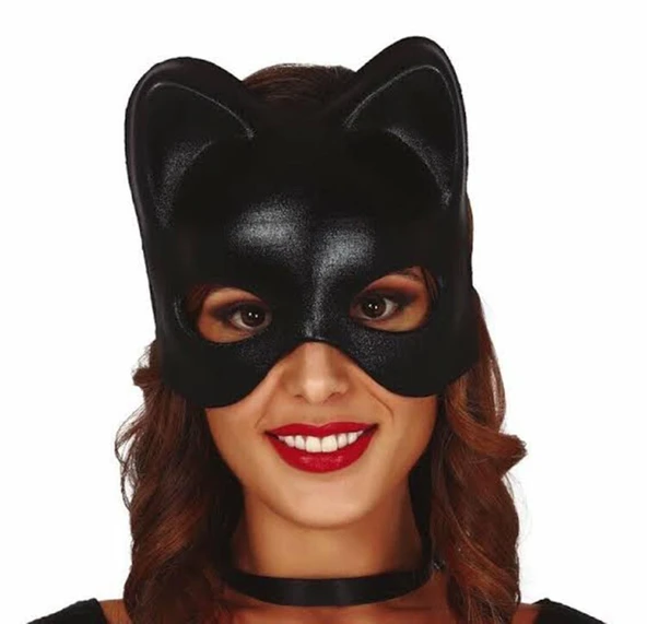 Siyah Deri Görünümlü Kedi Maskesi – Cosplay & Maskeli Balo - 2