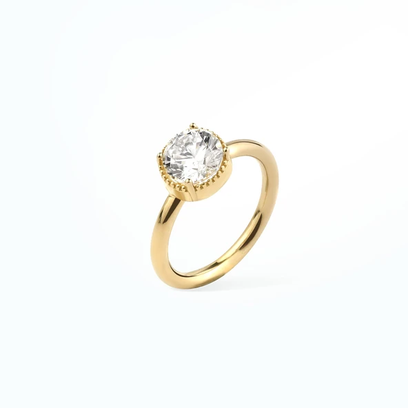 14 Ayar Altın Kaplama Yuvarlak Kesim Tektaş Gümüş Yüzük - RS00103 - Resim 4