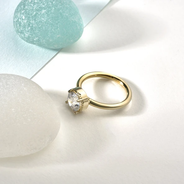 14 Ayar Altın Kaplama Yuvarlak Kesim Tektaş Gümüş Yüzük - RS00103 ürün görseli 1