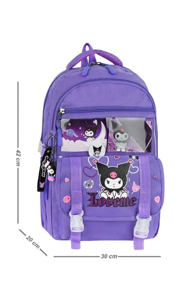İlkokul Kız Çocuk Çantası 3'lü Set Kuromi Benzeri 42*30 Cm Beslenme Çantası Kalem Kutusu Ortopedik - 9