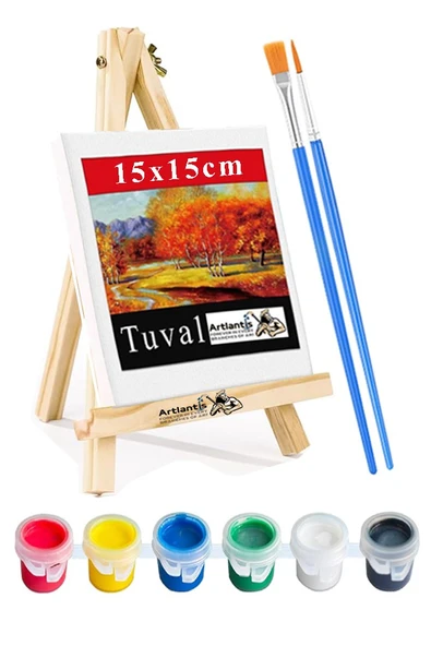 Mini Şövale 15x15 cm Tuval 3 ml Akrilik Boya 6 Renk ve Fırça 1 Paket 15x15 Mini Tuval Masaüstü Küçük Şövale Boyama Seti