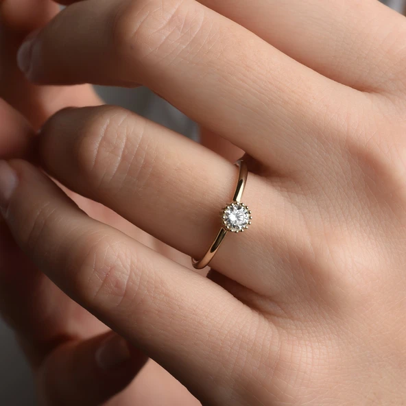 14 Ayar Altın Kaplama Yuvarlak Kesim Tektaş Gümüş Yüzük - RS00102 - 3