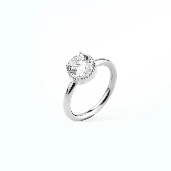 14 Ayar Altın Kaplama Yuvarlak Kesim Tektaş Gümüş Yüzük - RS00103 - Resim 3