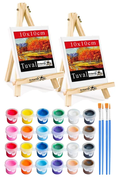 Mini Şövale 10x10 cm Tuval 3 ml Akrilik Boya 12 Renk ve Fırça 2 Adet 10x10 Mini Tuval Masaüstü Küçük Şövale Boyama Seti - 1