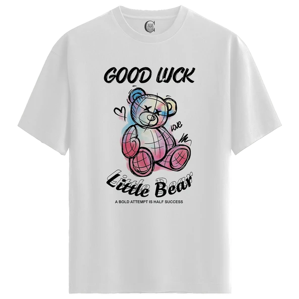 Lucky Bear - %100 Pamuklu Kadın Beyaz Tişört - Premium Quality ürün görseli 1