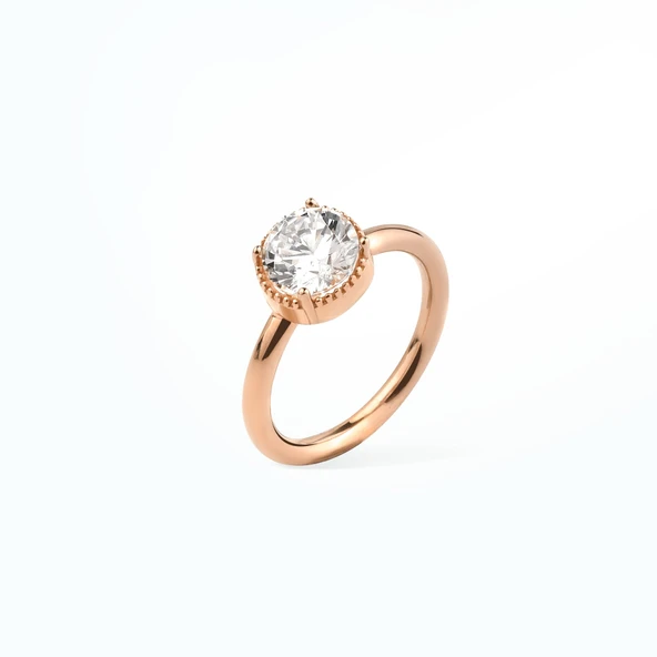 14 Ayar Altın Kaplama Yuvarlak Kesim Tektaş Gümüş Yüzük - RS00103 - Resim 5