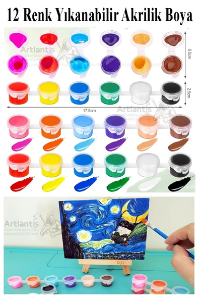 Mini Şövale 20x20 cm Tuval 3 ml Akrilik Boya 12 Renk ve Fırça 2 Adet 20x20 Mini Tuval Masaüstü Küçük Şövale Boyama Seti - 2