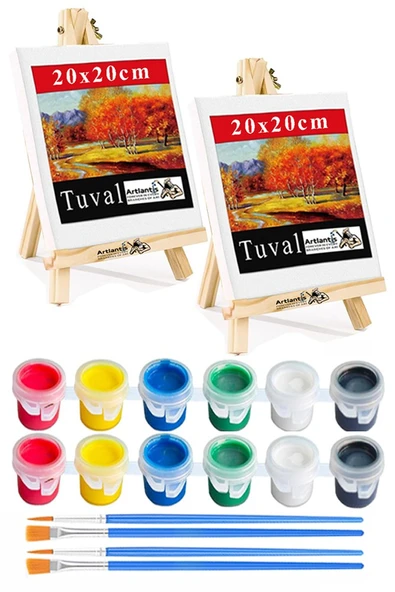 Mini Şövale 20x20 cm Tuval 3 ml Akrilik Boya 6 Renk ve Fırça 2 Adet 20x20 Mini Tuval Masaüstü Küçük Şövale Boyama Seti