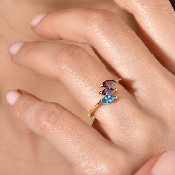 14 Ayar Altın Kaplama Markiz Renkli Taşlı Yüzük - RS00105 - 2