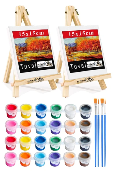 Mini Şövale 15x15 cm Tuval 3 ml Akrilik Boya 12 Renk ve Fırça 2 Adet 15x15 Mini Tuval Masaüstü Küçük Şövale Boyama Seti