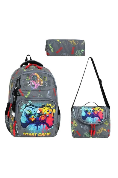 İlkokul Çantası 3'lü Set 42*30 Cm Beslenme Çantası Kalem Kutusu Ortopedik Gamer Erkek Çocuk