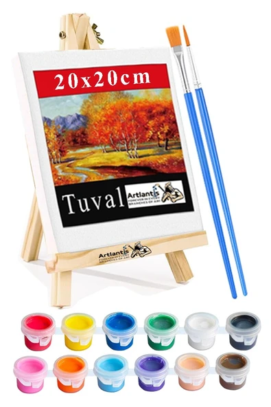 Mini Şövale 20x20 cm Tuval 3 ml Akrilik Boya 12 Renk ve Fırça 1 Paket 20x20 Mini Tuval Masaüstü Küçük Şövale Boyama Seti