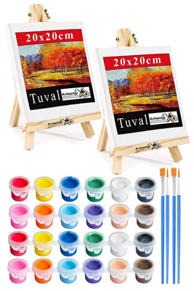 Mini Şövale 20x20 cm Tuval 3 ml Akrilik Boya 12 Renk ve Fırça 2 Adet 20x20 Mini Tuval Masaüstü Küçük Şövale Boyama Seti - 1