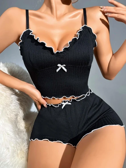 Kadın Siyah Fitilli Askılı Şortlu Pijama Takım 6659