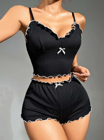 Kadın Siyah Fitilli Askılı Şortlu Pijama Takım 6659 - 2