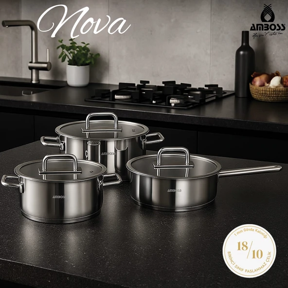 Nova 6 Parça Paslanmaz Çelik Cam Kapaklı Tencere Tava Seti ürün görseli 1