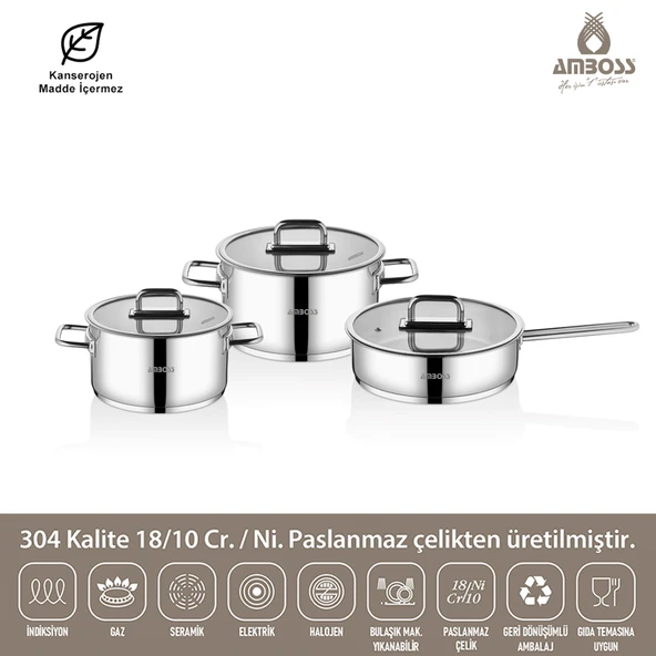 Nova 6 Parça Paslanmaz Çelik Cam Kapaklı Tencere Tava Seti - Resim 2