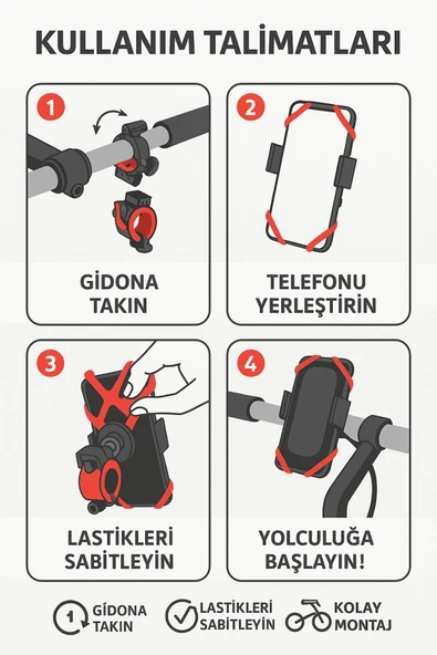 Lastikli 360° Dönebilen Bisiklet Telefon Tutucu – Tüm Modellerle Uyumlu, Gidon Montajlı - 5