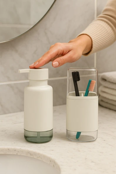2'li Pratik Sıvı Sabunluk ve Diş Fırçalık Seti Taş Gri - 5
