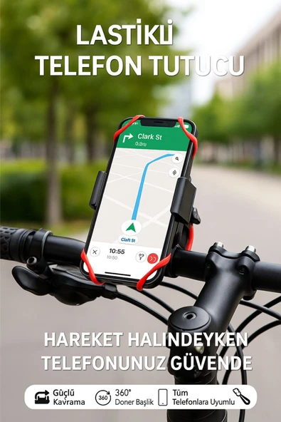 Lastikli 360° Dönebilen Bisiklet Telefon Tutucu – Tüm Modellerle Uyumlu, Gidon Montajlı