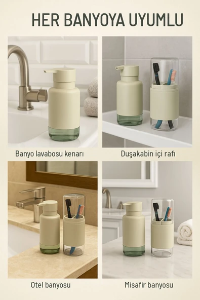 2'li Pratik Sıvı Sabunluk ve Diş Fırçalık Seti Taş Gri - 3