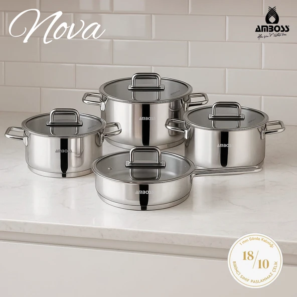 Nova 8 Parça Paslanmaz Çelik Cam Kapaklı Tencere Tava Seti ürün görseli