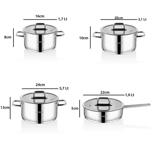Nova 8 Parça Paslanmaz Çelik Cam Kapaklı Tencere Tava Seti - Resim 4