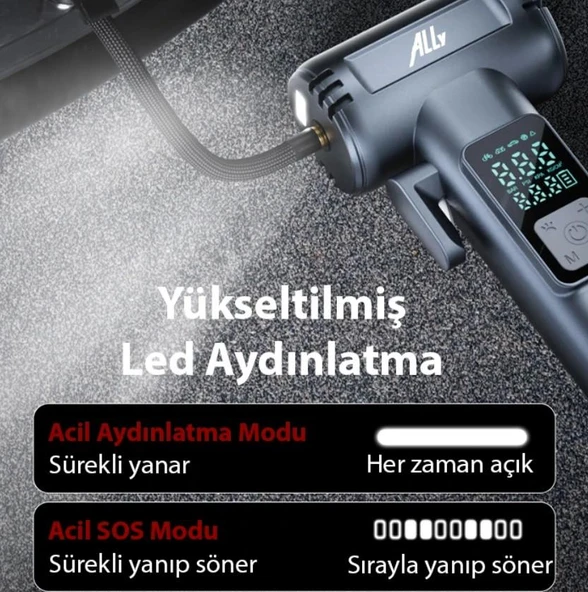 Ally ST-5530 Dijital Şarjlı Araç Lastik Hava Şişirme Pompası Power bank Penere kırıcı - Resim 5