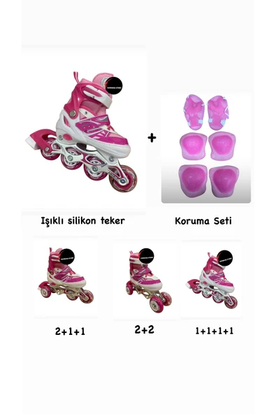 Işıklı Çocuk Pateni Ayarlanılabilir Alıştırma Silikon Tekerli Frenli Metal Gövdeli Paten Dizlik Set 38-41
