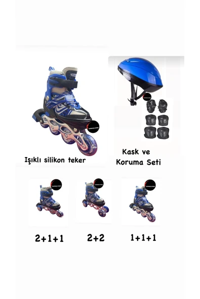 Işıklı Çocuk Pateni Ayarlanılabilir Silikon Tekerli Frenli Metal Gövdeli Paten ve Kask Dizlik Set 38-41