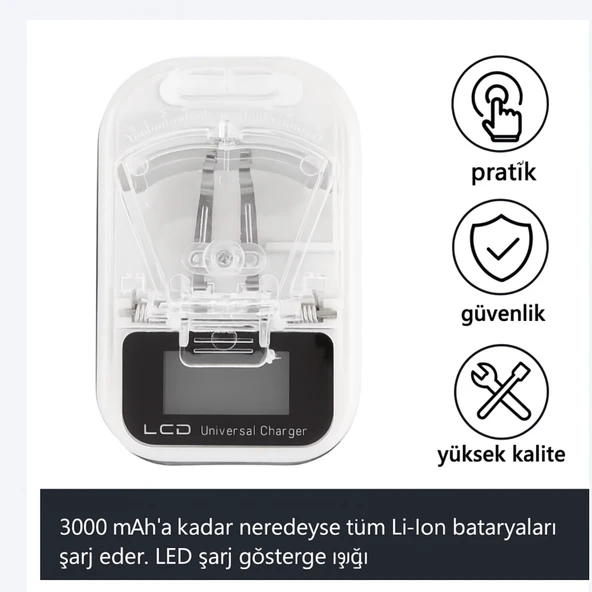 LED Ekranlı Evrensel Li-Ion Batarya Şarj Cihazı + USB Girişli