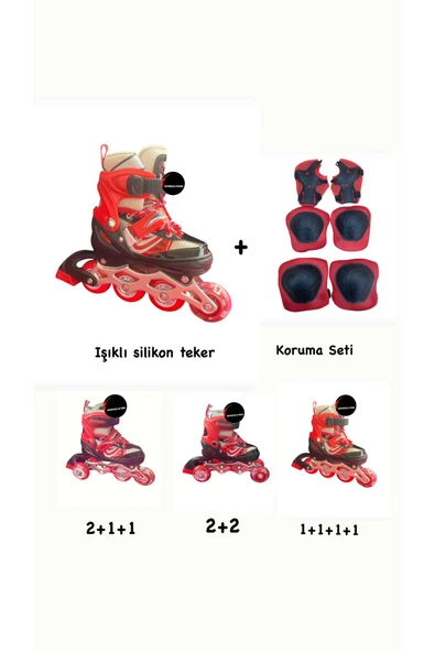 Işıklı Çocuk Pateni Ayarlanılabilir Alıştırma Silikon Tekerli Frenli Metal Gövdeli Paten Dizlik Set 34-37