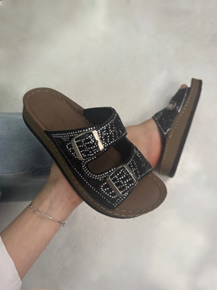 Günlük Kadın Terlik Çift Tokalı Taşlı Boncuk Detaylı Yumuşak Dikişli Ortopedik Mantar Taban 34155 - 2