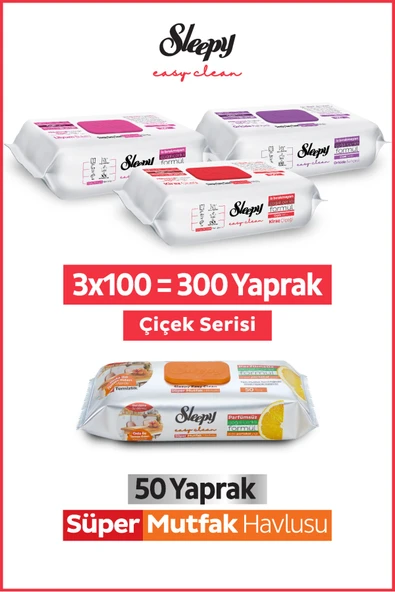 Sleepy Easy Clean Çiçek Serisi&Portakal Yağlı Süper Mutfak Yüzey Temizlik Havlusu&Mendili(3x100+50)