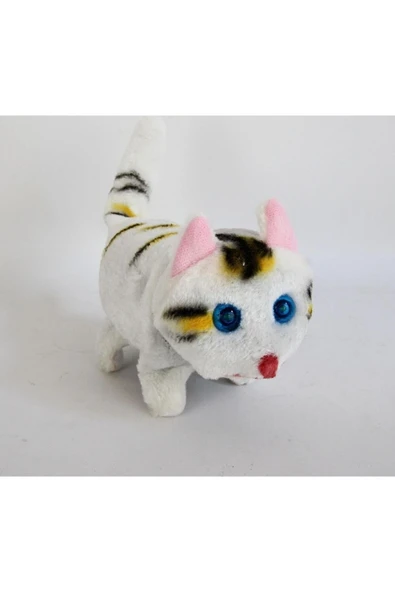 Beyaz Renk Yürüyen Miyavlayan Kedi Işıklı Sesli Hareketli Peluş Kedi - 2