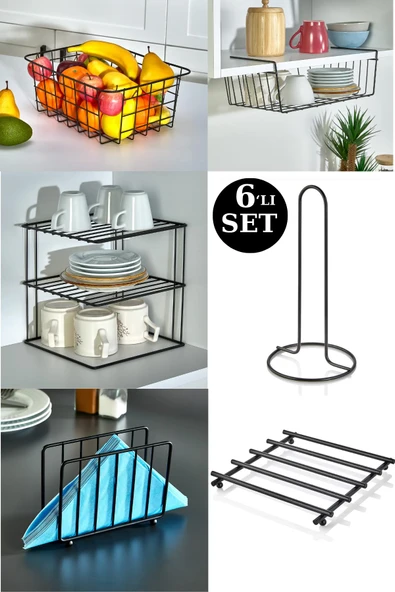 6'Lı Mutfak Banyo Seti Çok Amaçlı Organizer Set Metal Dolap İçi Düzenleyici