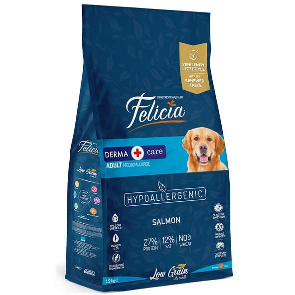 Felicia Az Tahıllı Derma Care HypoAllergenic Somonlu Yetişkin Köpek Maması 15 Kg