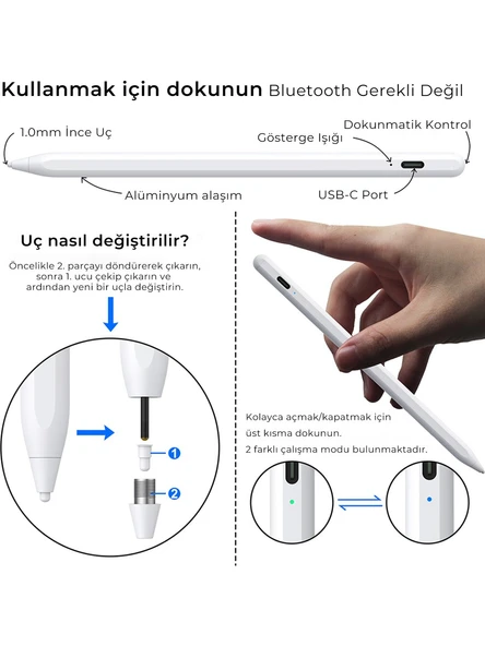 Bix SP02W Bluetooth Dokunmatik Kalem Stylus Pen Manyetik Çekim Destekli, Avuç İçi Reddetme Özellikli iPad Kalemi 2018-2022 için iPad Android Uyumlu Universal Yazı ve Çizim Kalemi Beyaz - 4