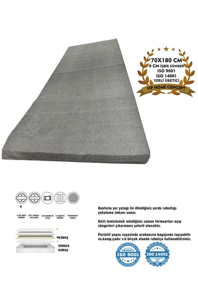 Vip Home Concept Market Ürünleri Şantiye Yatağı Eko Süngerli Yer Minderi Karavan Yatağı Deprem Yatağı 70X180X6 CM-GRİ ürün görseli 1