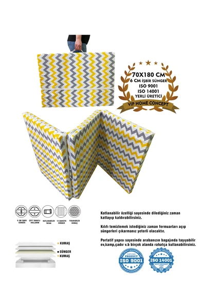 Vip Home Concept Market Ürünleri Katlanır Yer Yatağı Ve Tek Kişilik Sünger Katlanır Minder Yatak 70x180 Cm 6 Cm-SARI GRİ ZİKZAK