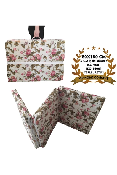 Vip Home Concept Market Ürünleri Katlanır Yatak Yer Yatağı Sünger Yatak Taşınabilen Tek Kişilik 80x180 Ingiliz Gülü-6 Cm ürün görseli 1