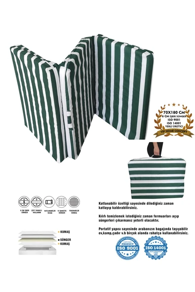 Vip Home Concept Market Ürünleri Katlanır Yer Yatağı Ve Tek Kişilik Sünger Katlanır Minder Yatak 70x180 Cm 6 Cm-YEŞİL BEYAZ ürün görseli 1